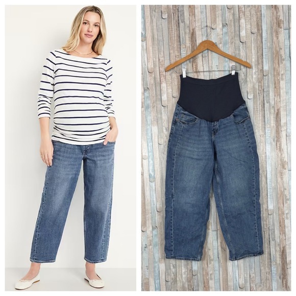 Old Navy Denim - Old Navy Maternity Full Panel Waistband Barrel Leg Ankle Jeans Blue Denim 12